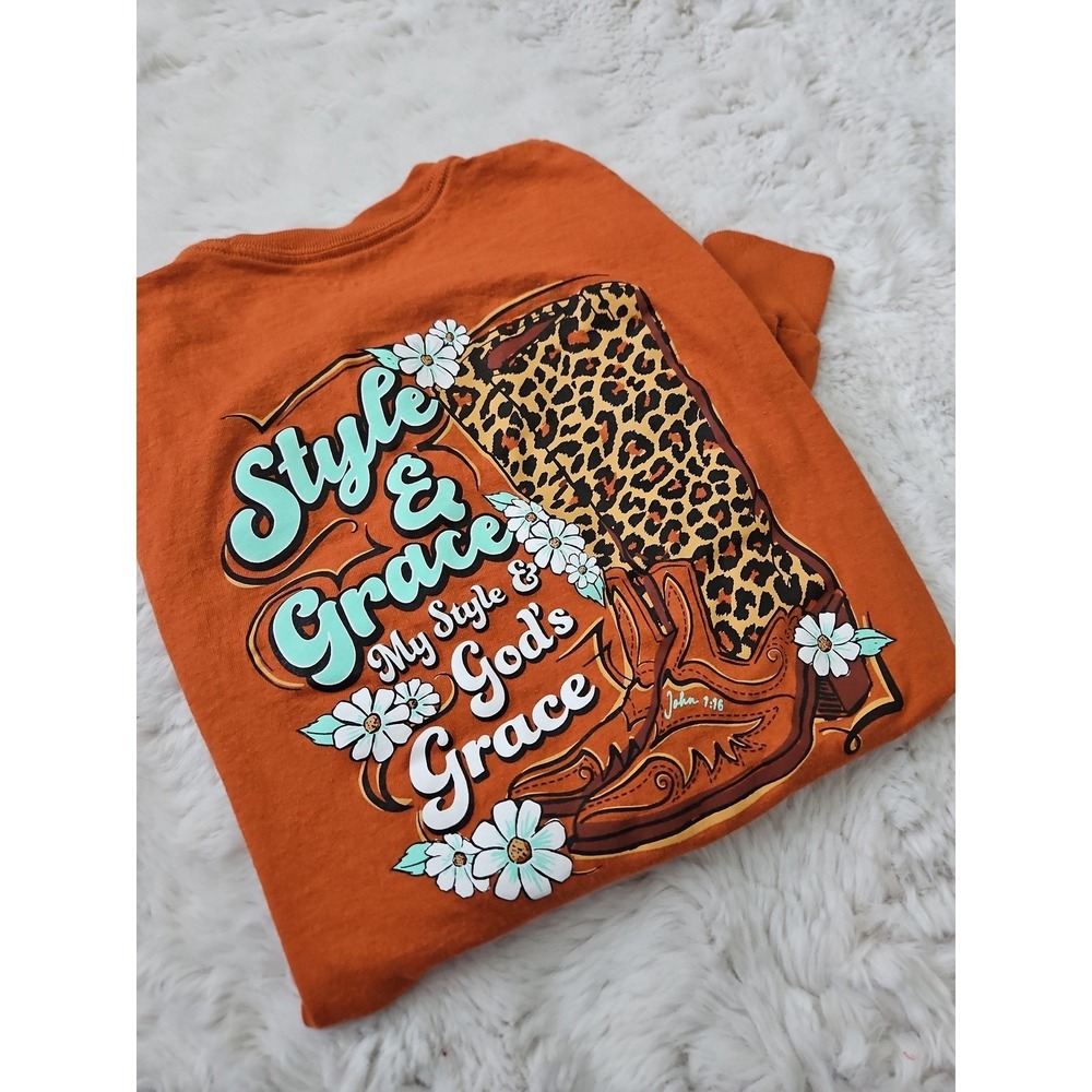 Blessed Girl Christian Long Sleeve Shirt‎ Size S Burnt Orange Cowgirl Boots